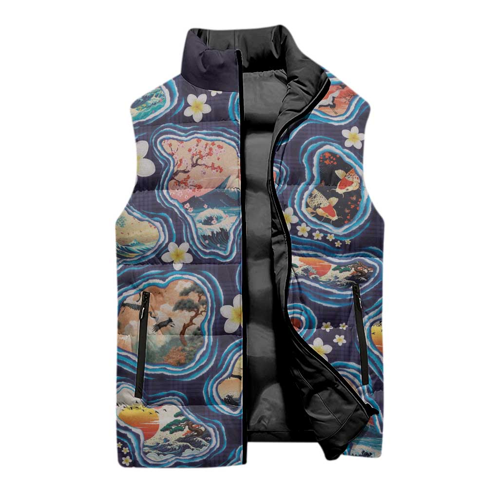 Hawaii Islands Map Design with Japanese Landscape Sleeveless Puffer Jacket Hawaiian Japan Fusion Art Navy Color