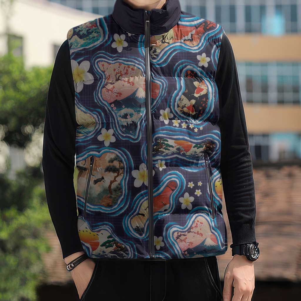Hawaii Islands Map Design with Japanese Landscape Sleeveless Puffer Jacket Hawaiian Japan Fusion Art Navy Color