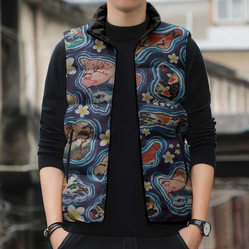 Hawaii Islands Map Design with Japanese Landscape Sleeveless Puffer Jacket Hawaiian Japan Fusion Art Navy Color