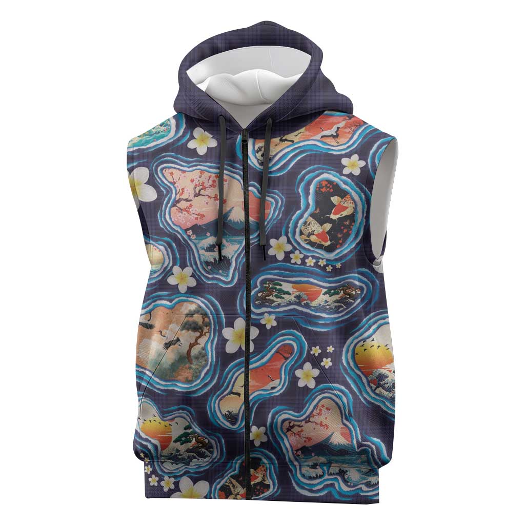 Hawaii Islands Map Design with Japanese Landscape Sleeveless Zip Hoodie Hawaiian Japan Fusion Art Navy Color LT03 Navy - Polynesian Pride