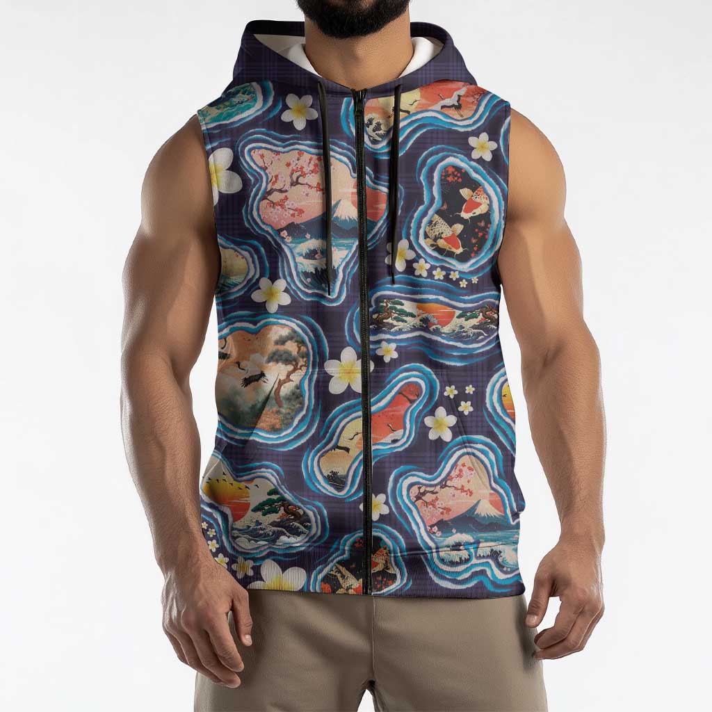 Hawaii Islands Map Design with Japanese Landscape Sleeveless Zip Hoodie Hawaiian Japan Fusion Art Navy Color LT03 - Polynesian Pride