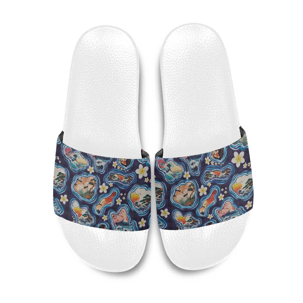 Hawaii Islands Map Design with Japanese Landscape Slide Sandals Hawaiian Japan Fusion Art Navy Color