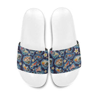 Hawaii Islands Map Design with Japanese Landscape Slide Sandals Hawaiian Japan Fusion Art Navy Color