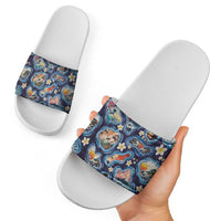 Hawaii Islands Map Design with Japanese Landscape Slide Sandals Hawaiian Japan Fusion Art Navy Color