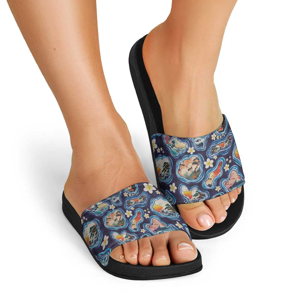 Hawaii Islands Map Design with Japanese Landscape Slide Sandals Hawaiian Japan Fusion Art Navy Color