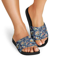 Hawaii Islands Map Design with Japanese Landscape Slide Sandals Hawaiian Japan Fusion Art Navy Color