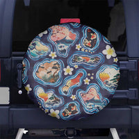 Hawaii Islands Map Design with Japanese Landscape Spare Tire Cover Hawaiian Japan Fusion Art Navy Color
