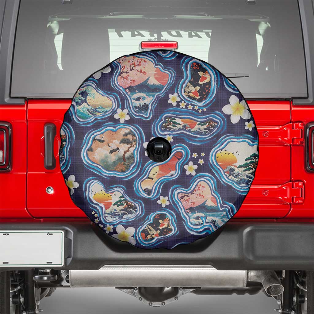 Hawaii Islands Map Design with Japanese Landscape Spare Tire Cover Hawaiian Japan Fusion Art Navy Color