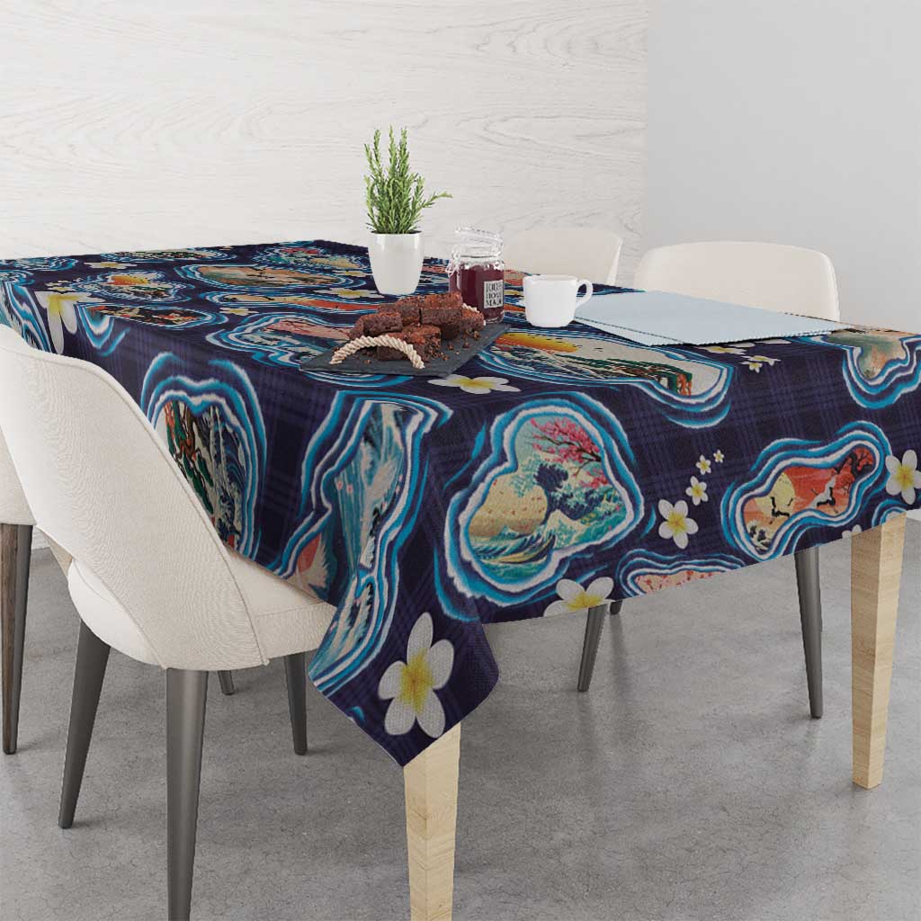 Hawaii Islands Map Design with Japanese Landscape Tablecloth Hawaiian Japan Fusion Art Navy Color