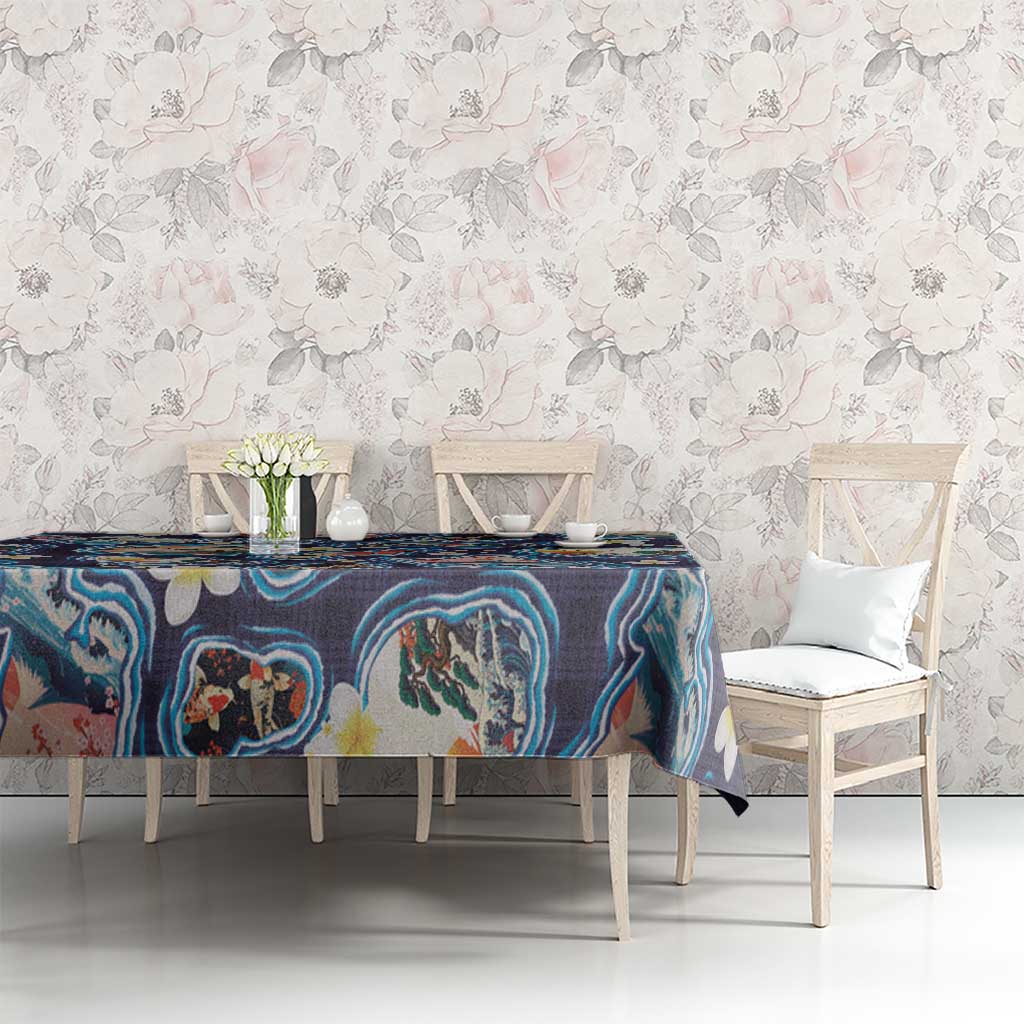 Hawaii Islands Map Design with Japanese Landscape Tablecloth Hawaiian Japan Fusion Art Navy Color