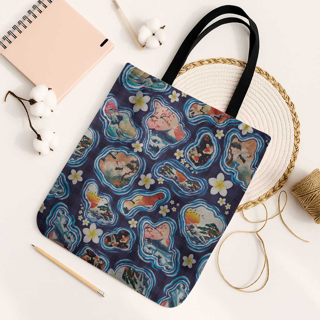 Hawaii Islands Map Design with Japanese Landscape Tote Bag Hawaiian Japan Fusion Art Navy Color