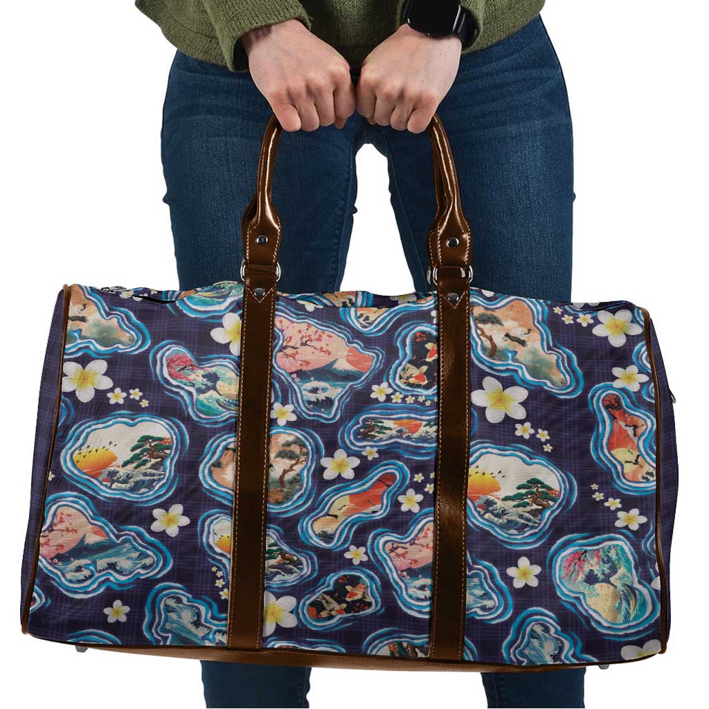 Hawaii Islands Map Design with Japanese Landscape Travel Bag Hawaiian Japan Fusion Art Navy Color