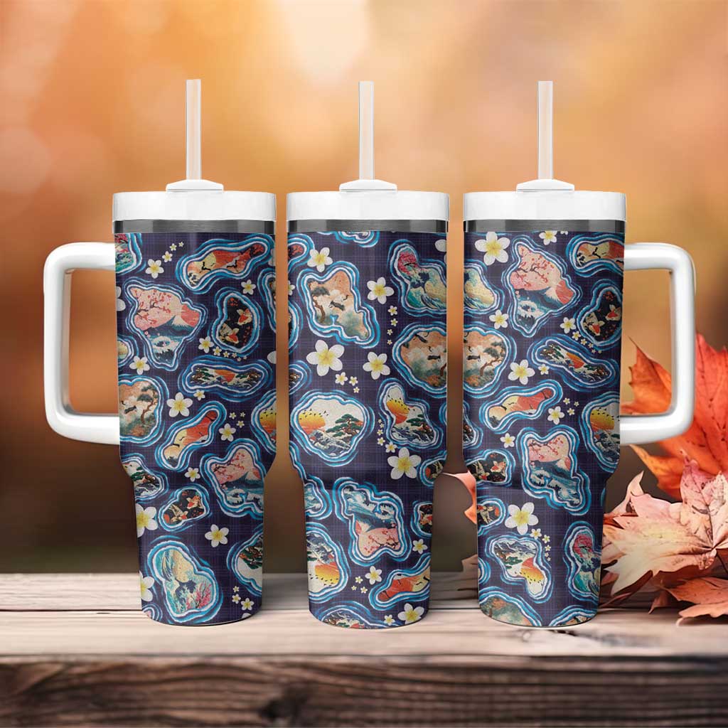 Hawaii Islands Map Design with Japanese Landscape Tumbler With Handle Hawaiian Japan Fusion Art Navy Color