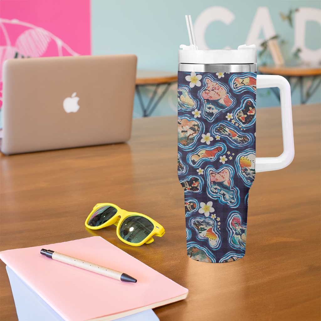 Hawaii Islands Map Design with Japanese Landscape Tumbler With Handle Hawaiian Japan Fusion Art Navy Color