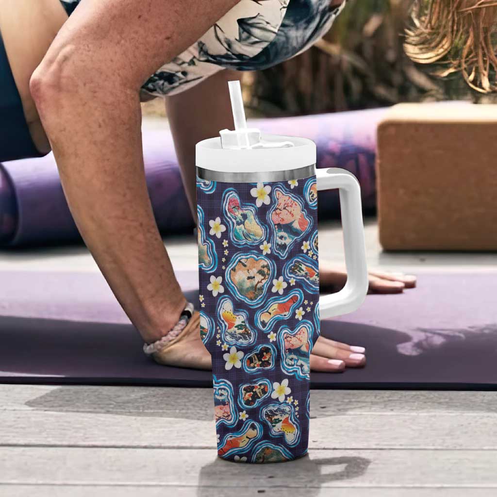 Hawaii Islands Map Design with Japanese Landscape Tumbler With Handle Hawaiian Japan Fusion Art Navy Color