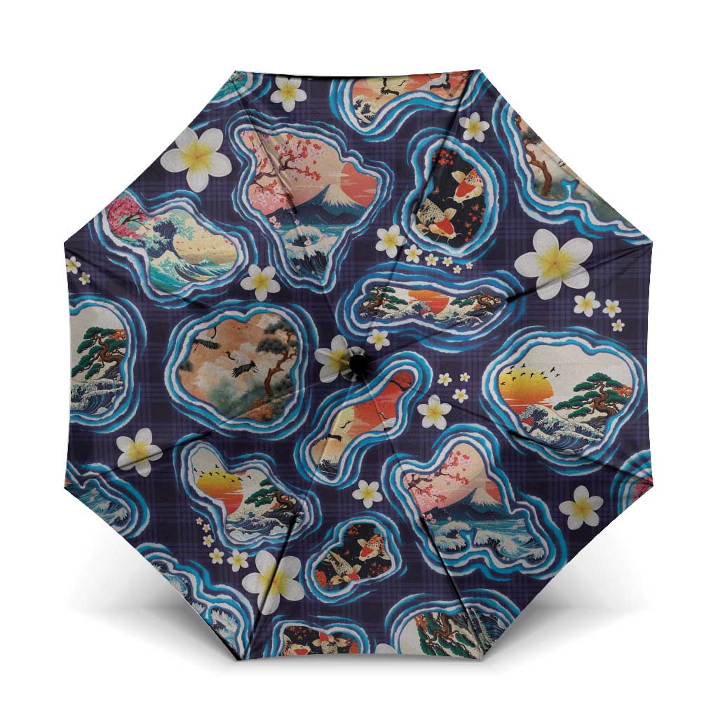 Hawaii Islands Map Design with Japanese Landscape Umbrella Hawaiian Japan Fusion Art Navy Color