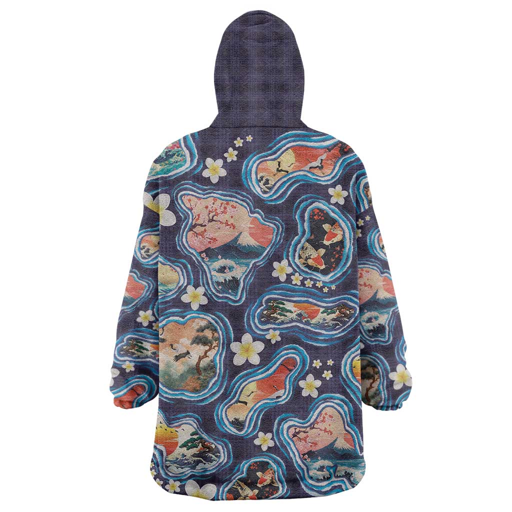 Hawaii Islands Map Design with Japanese Landscape Wearable Blanket Hoodie Hawaiian Japan Fusion Art Navy Color LT03 - Polynesian Pride