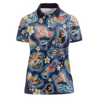 Hawaii Islands Map Design with Japanese Landscape Women Polo Shirt Hawaiian Japan Fusion Art Navy Color LT03 Female Navy - Polynesian Pride