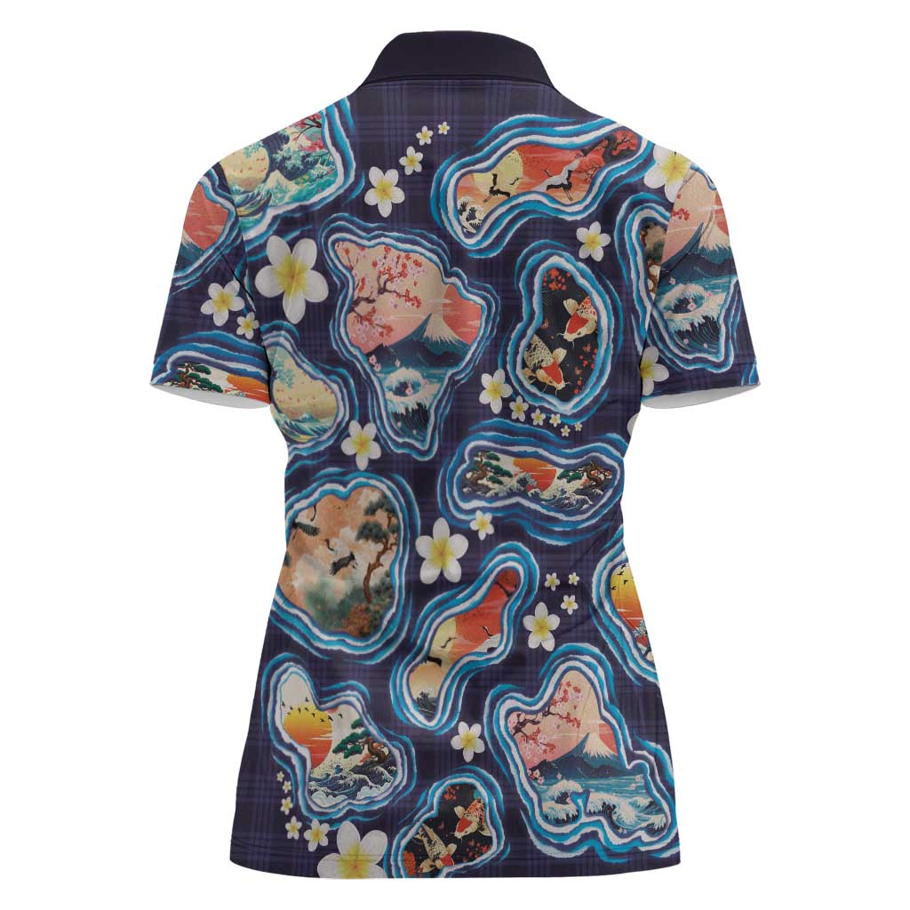 Hawaii Islands Map Design with Japanese Landscape Women Polo Shirt Hawaiian Japan Fusion Art Navy Color LT03 - Polynesian Pride