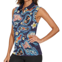 Hawaii Islands Map Design with Japanese Landscape Women Sleeveless Polo Shirt Hawaiian Japan Fusion Art Navy Color LT03 - Polynesian Pride