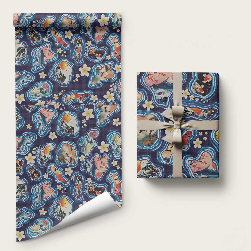 Hawaii Islands Map Design with Japanese Landscape Wrapping Paper Hawaiian Japan Fusion Art Navy Color