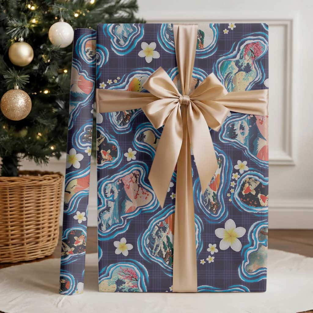 Hawaii Islands Map Design with Japanese Landscape Wrapping Paper Hawaiian Japan Fusion Art Navy Color