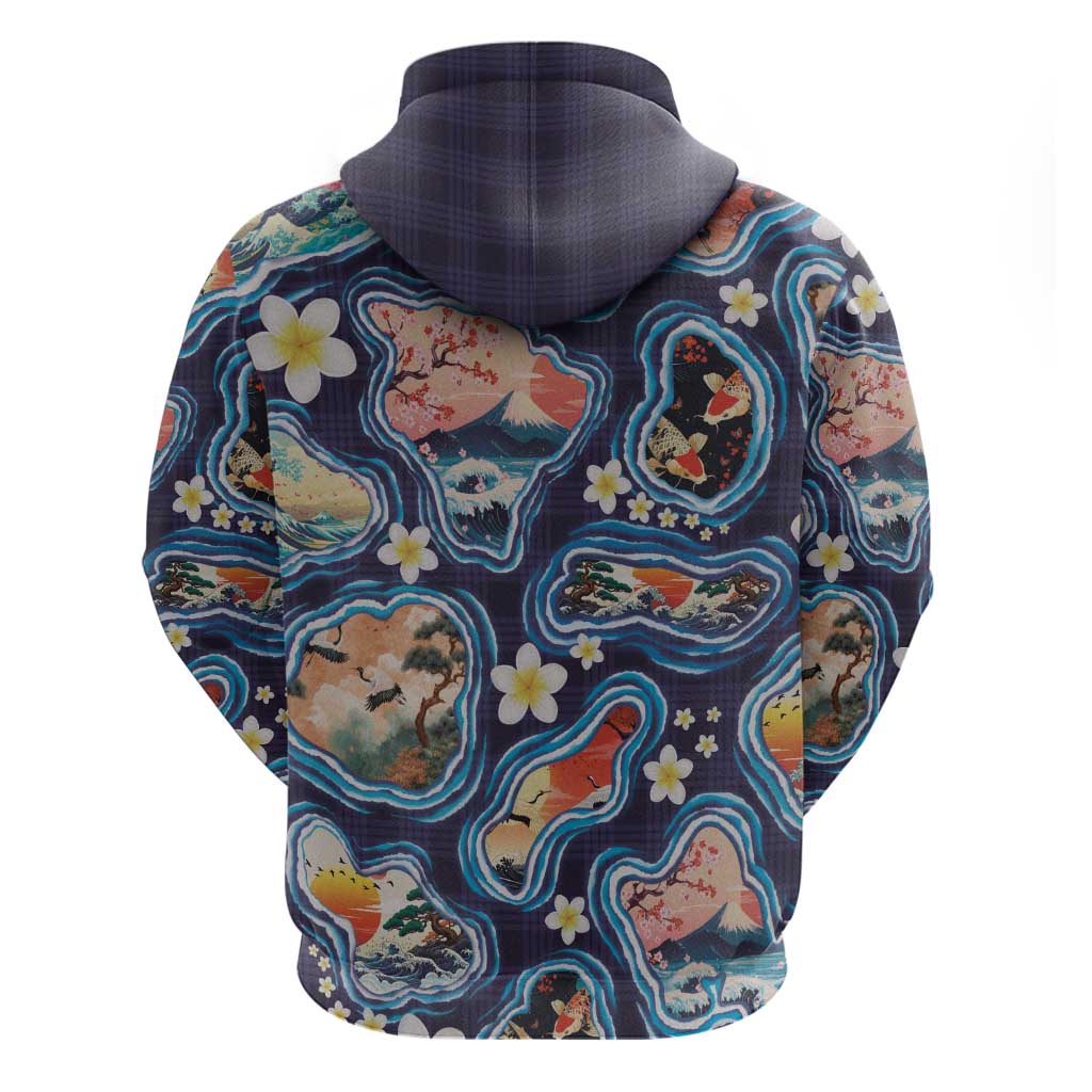 Hawaii Islands Map Design with Japanese Landscape Zip Hoodie Hawaiian Japan Fusion Art Navy Color