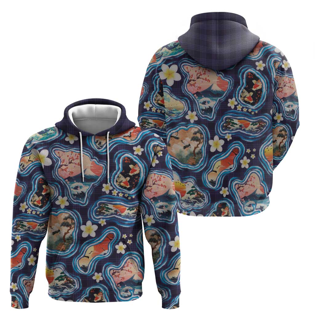 Hawaii Islands Map Design with Japanese Landscape Zip Hoodie Hawaiian Japan Fusion Art Navy Color