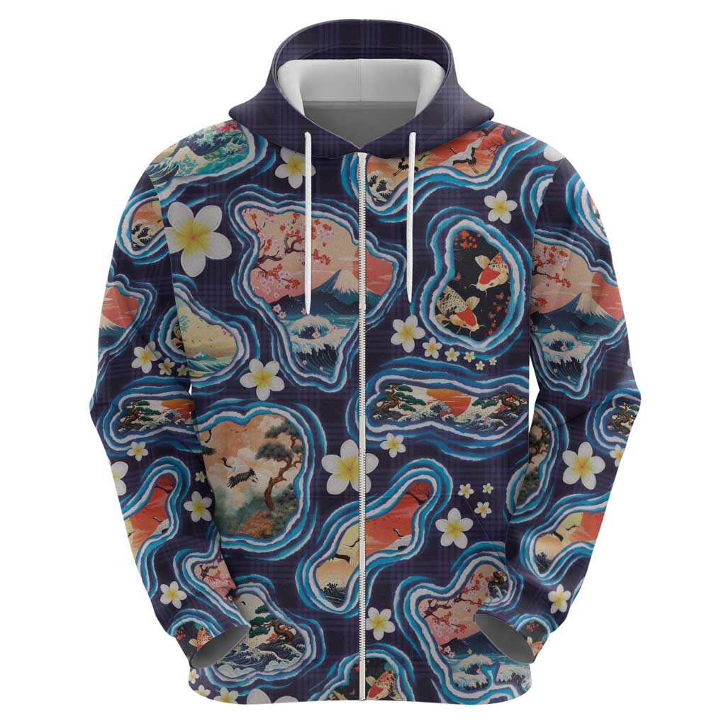 Hawaii Islands Map Design with Japanese Landscape Zip Hoodie Hawaiian Japan Fusion Art Navy Color