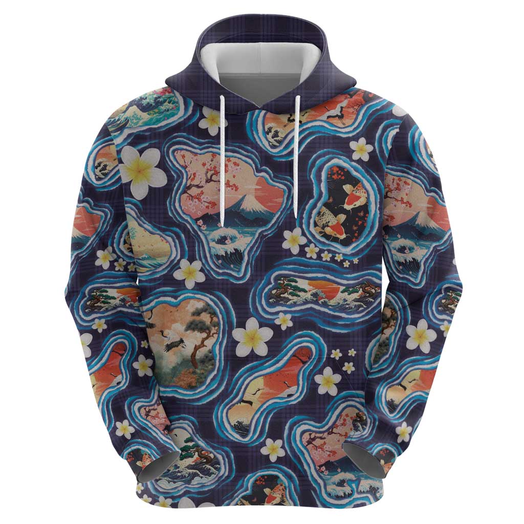 Hawaii Islands Map Design with Japanese Landscape Zip Hoodie Hawaiian Japan Fusion Art Navy Color
