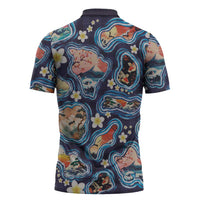 Hawaii Islands Map Design with Japanese Landscape Zipper Polo Shirt Hawaiian Japan Fusion Art Navy Color LT03 - Polynesian Pride