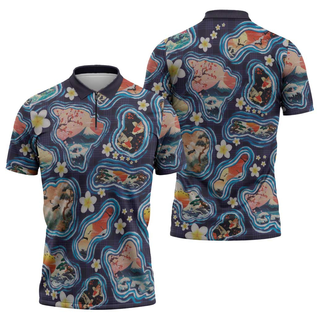 Hawaii Islands Map Design with Japanese Landscape Zipper Polo Shirt Hawaiian Japan Fusion Art Navy Color LT03 - Polynesian Pride
