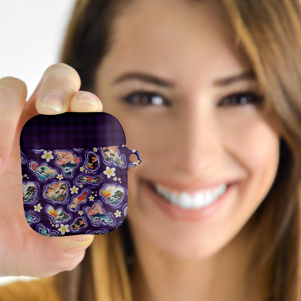 Hawaii Islands Map Design with Japanese Landscape AirPods Case Hawaiian Japan Fusion Art Purple Color