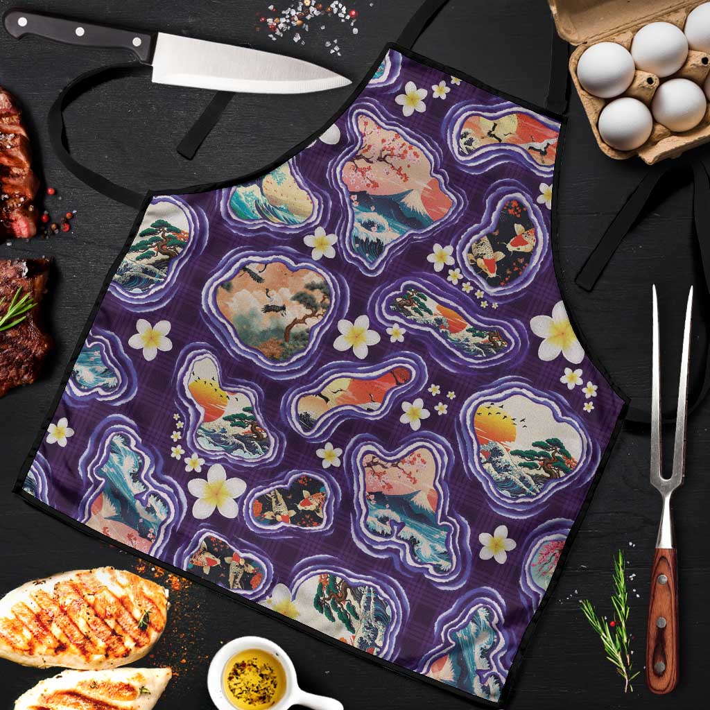 Hawaii Islands Map Design with Japanese Landscape Apron Hawaiian Japan Fusion Art Purple Color