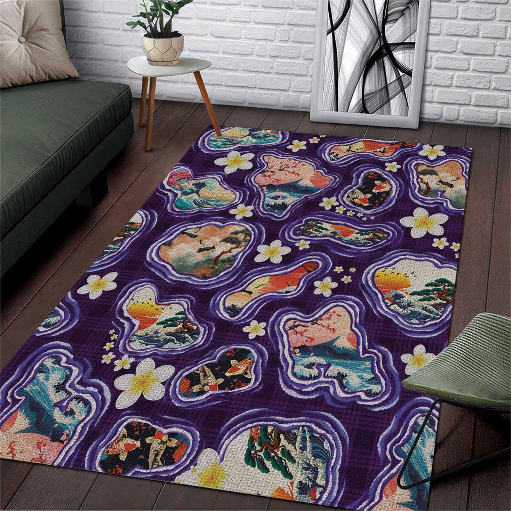 Hawaii Islands Map Design with Japanese Landscape Area Rug Hawaiian Japan Fusion Art Purple Color