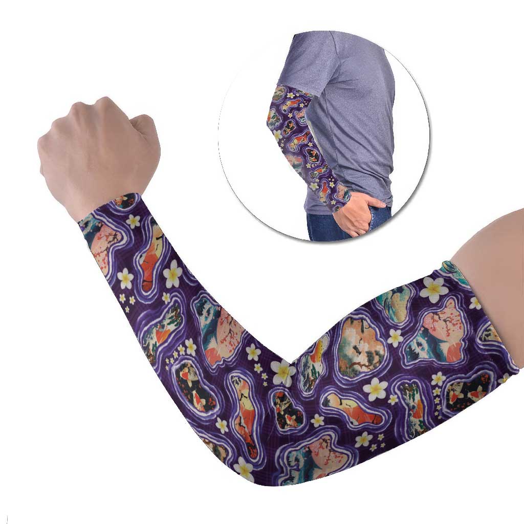 Hawaii Islands Map Design with Japanese Landscape Arm Sleeves Hawaiian Japan Fusion Art Purple Color