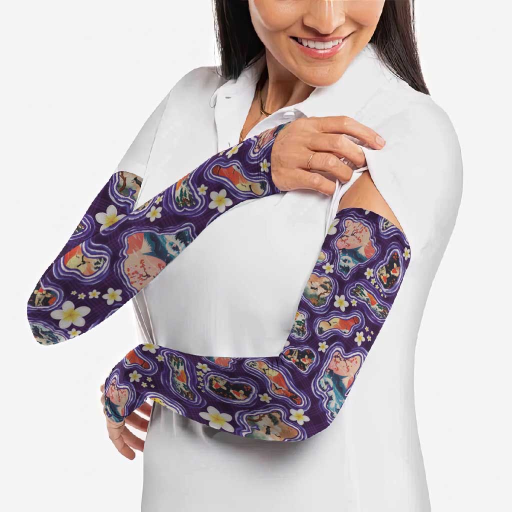 Hawaii Islands Map Design with Japanese Landscape Arm Sleeves Hawaiian Japan Fusion Art Purple Color