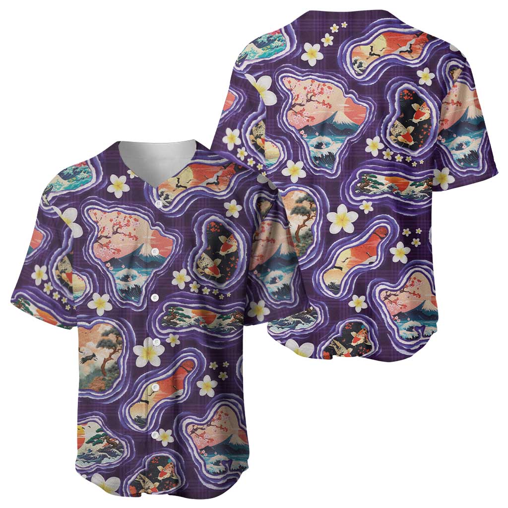 Hawaii Islands Map Design with Japanese Landscape Baseball Jersey Hawaiian Japan Fusion Art Purple Color