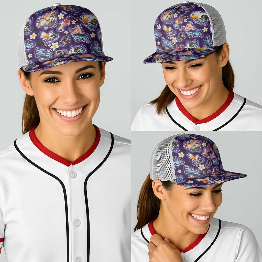 Hawaii Islands Map Design with Japanese Landscape Baseball Net Cap Hawaiian Japan Fusion Art Purple Color
