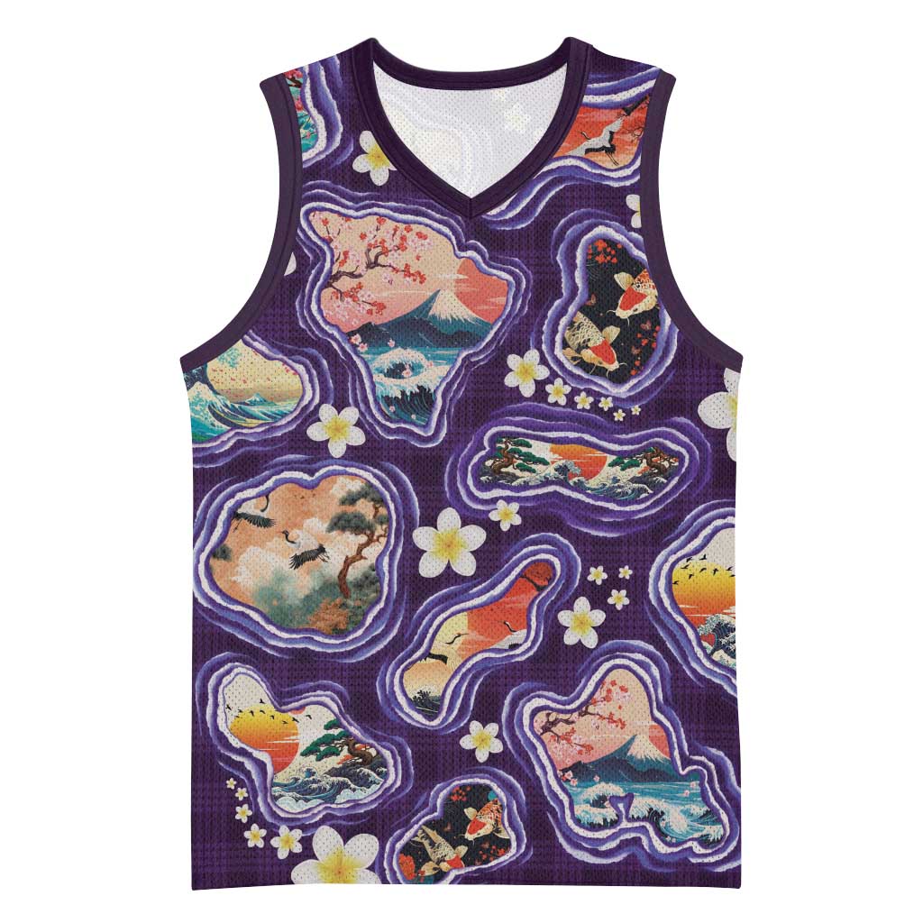 Hawaii Islands Map Design with Japanese Landscape Basketball Jersey Hawaiian Japan Fusion Art Purple Color