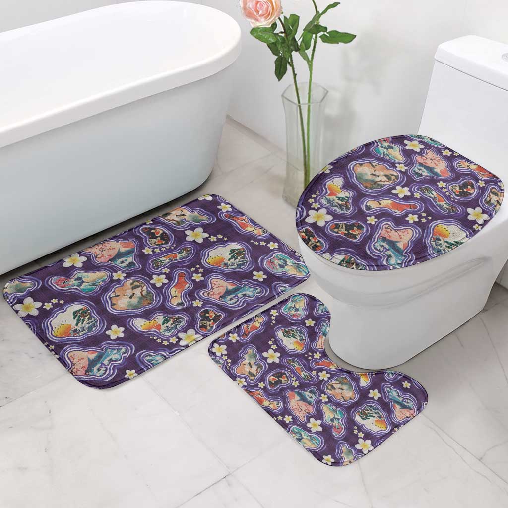 Hawaii Islands Map Design with Japanese Landscape Bathroom Set Hawaiian Japan Fusion Art Purple Color