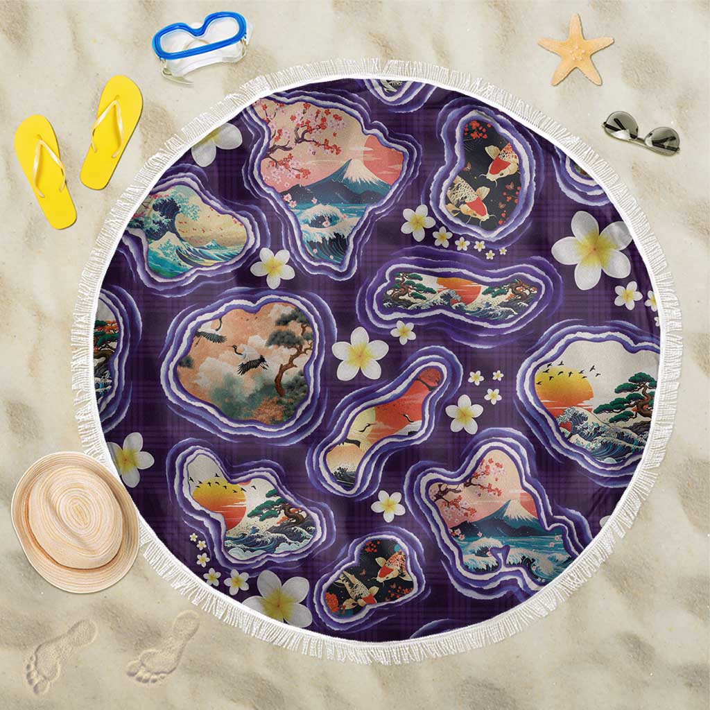 Hawaii Islands Map Design with Japanese Landscape Beach Blanket Hawaiian Japan Fusion Art Purple Color