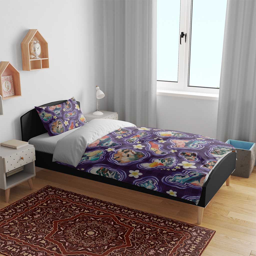 Hawaii Islands Map Design with Japanese Landscape Bedding Set Hawaiian Japan Fusion Art Purple Color