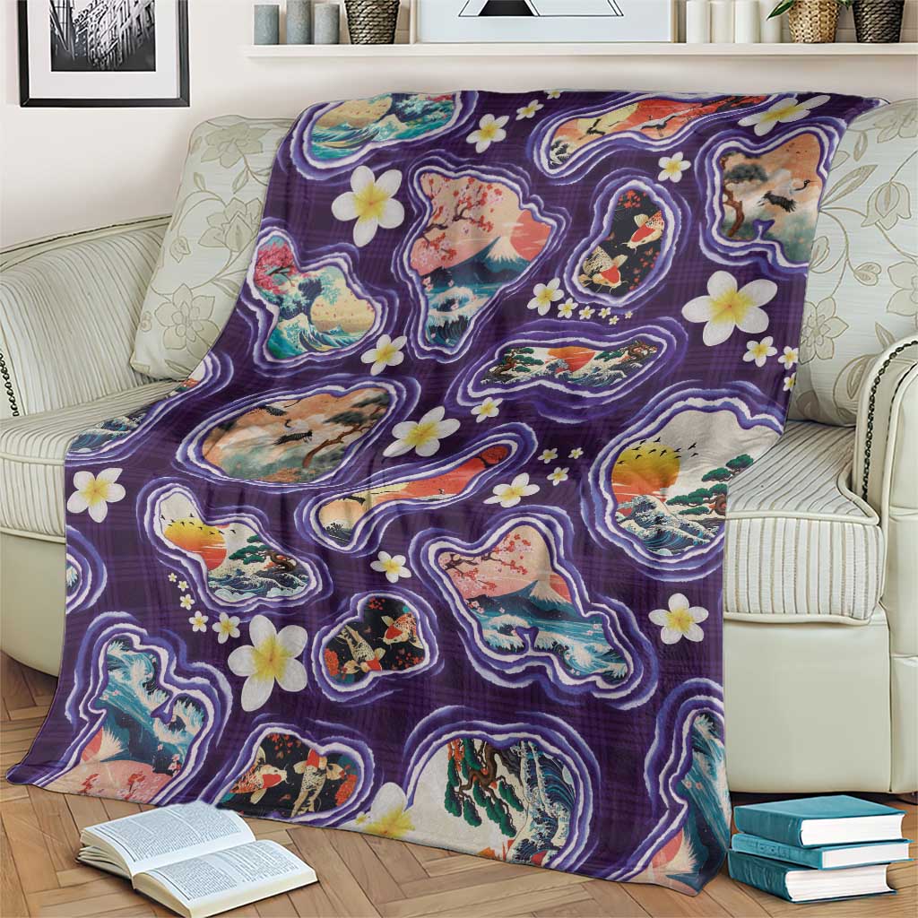 Hawaii Islands Map Design with Japanese Landscape Blanket Hawaiian Japan Fusion Art Purple Color