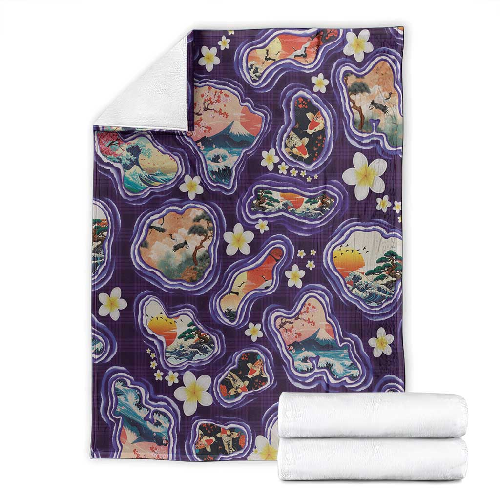 Hawaii Islands Map Design with Japanese Landscape Blanket Hawaiian Japan Fusion Art Purple Color