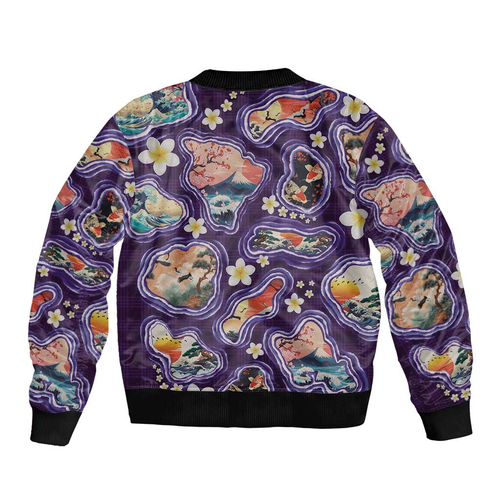 Hawaii Islands Map Design with Japanese Landscape Bomber Jacket Hawaiian Japan Fusion Art Purple Color
