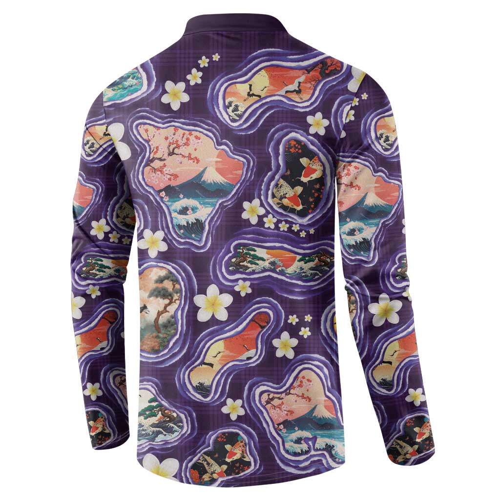 Hawaii Islands Map Design with Japanese Landscape Button Sweatshirt Hawaiian Japan Fusion Art Purple Color