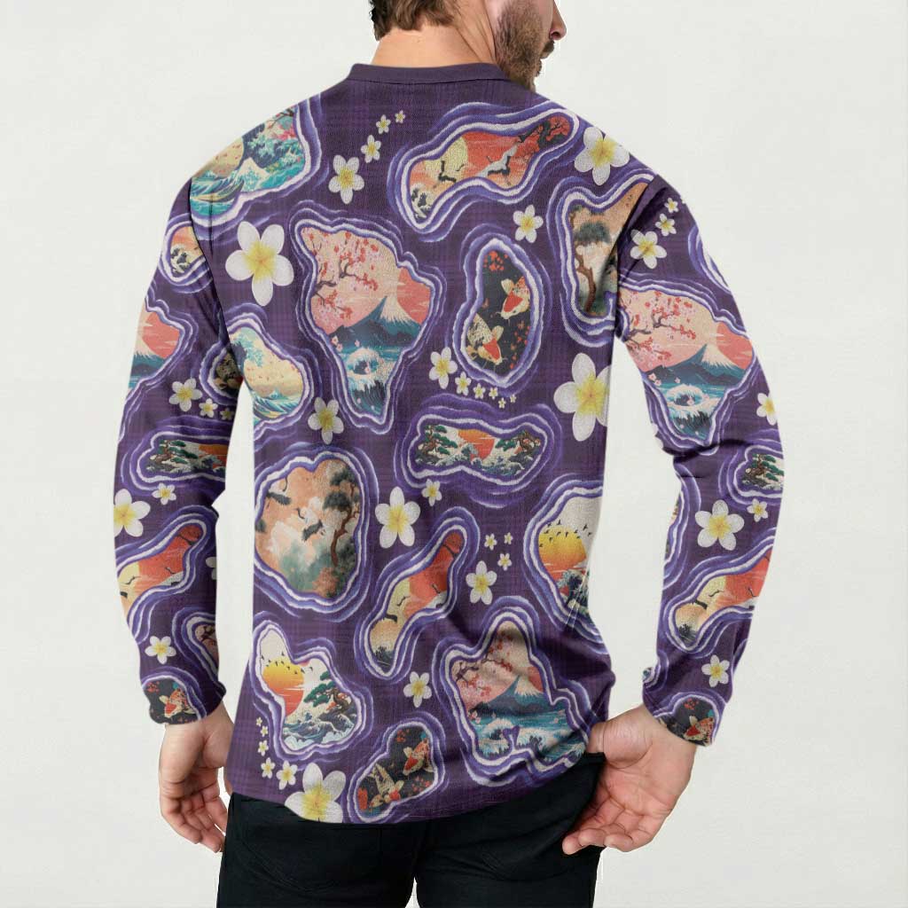 Hawaii Islands Map Design with Japanese Landscape Button Sweatshirt Hawaiian Japan Fusion Art Purple Color
