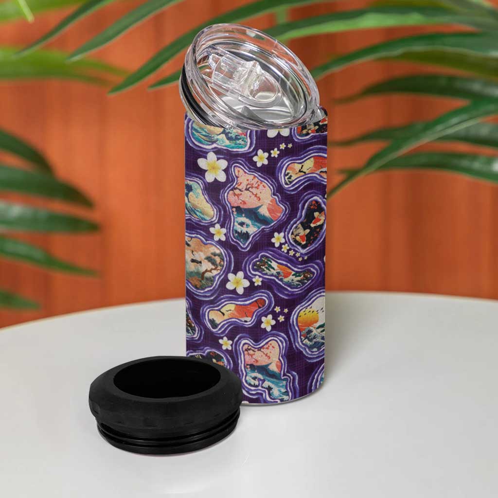 Hawaii Islands Map Design with Japanese Landscape 4 in 1 Can Cooler Tumbler Hawaiian Japan Fusion Art Purple Color LT03 - Polynesian Pride