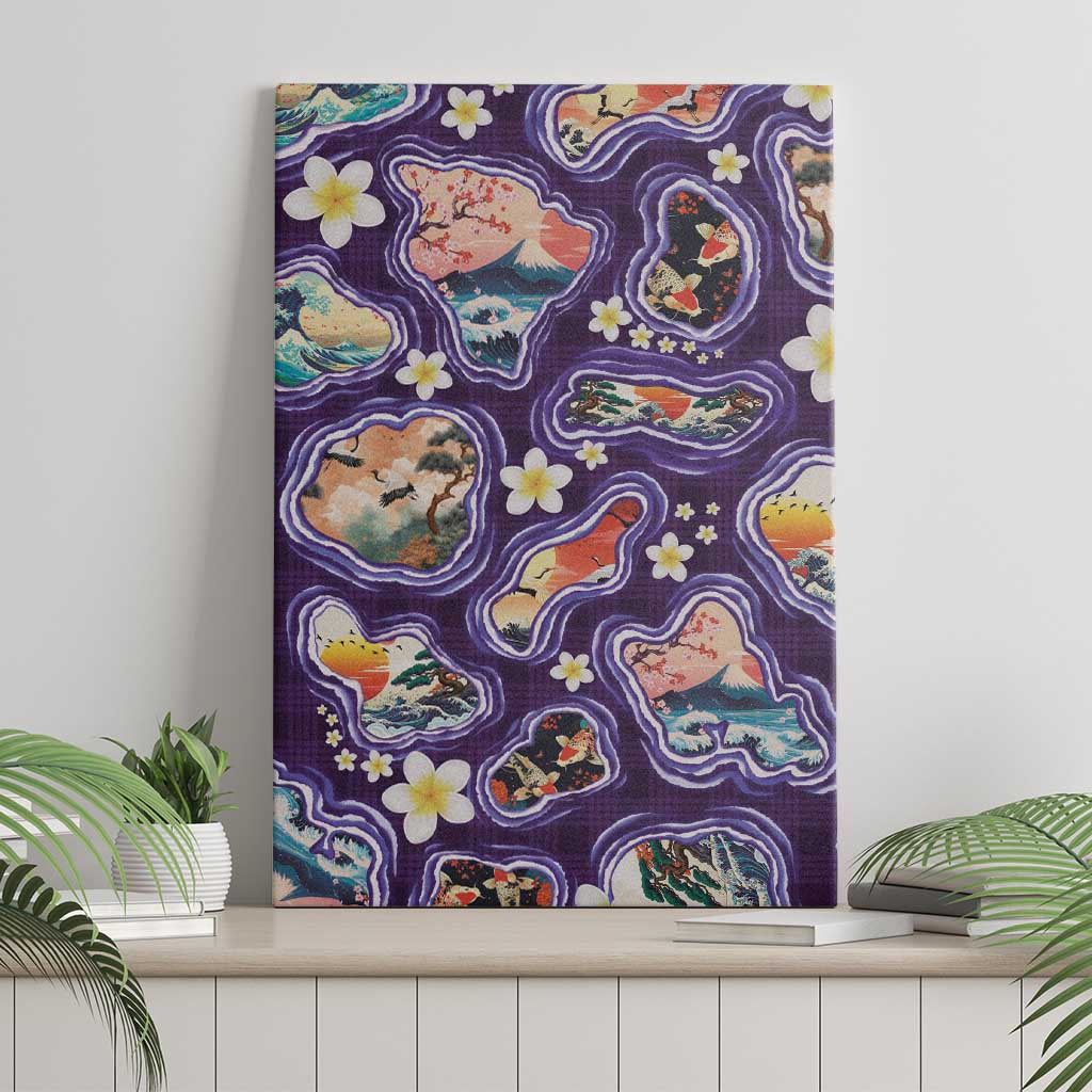 Hawaii Islands Map Design with Japanese Landscape Canvas Wall Art Hawaiian Japan Fusion Art Purple Color